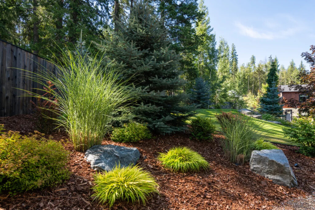 strata common area garden beds with drought-tolerant plants in Kamloops BC summer