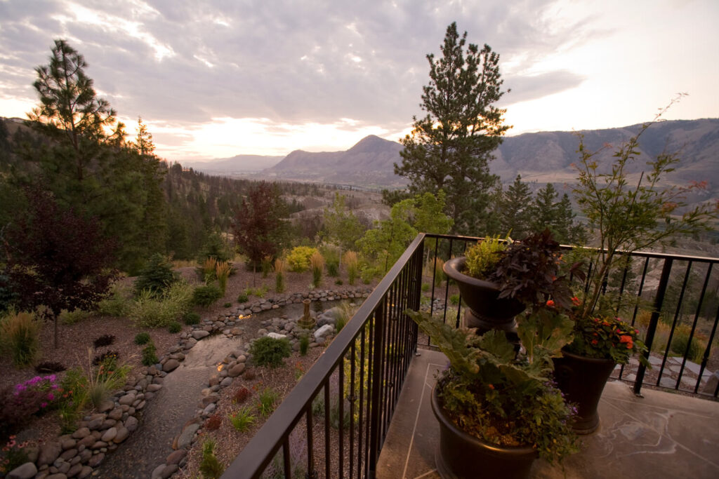 Drought-tolerant landscape design overlooking the dry hills of Kamloops in the BC Interior.