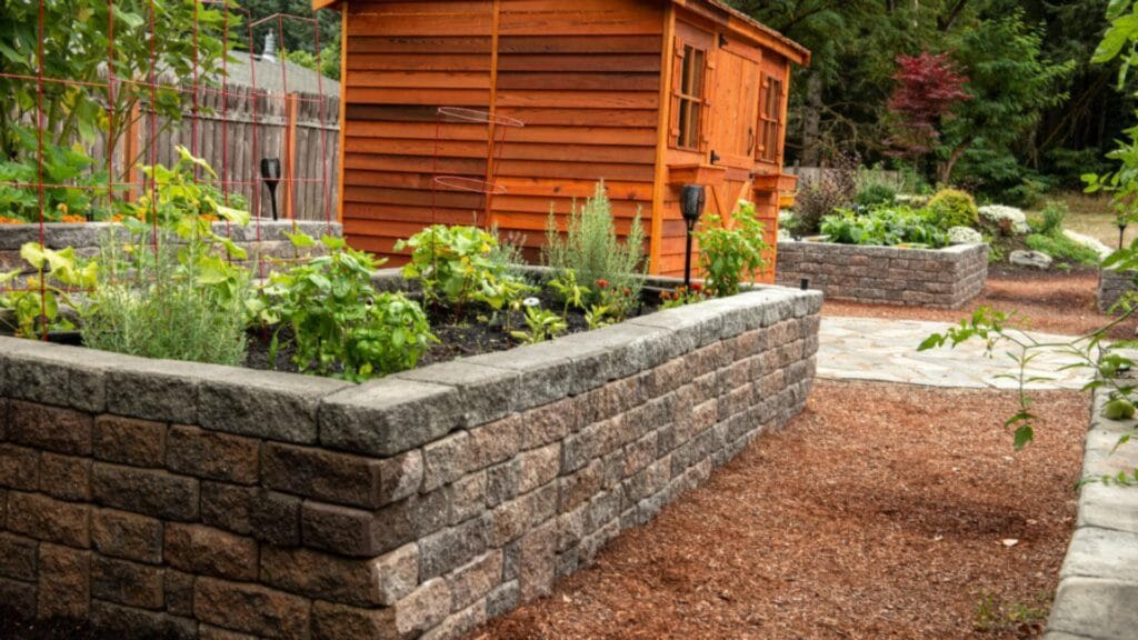 landscape transformation with stone retaining wall and drought-tolerant plants in Kamloops BC backyard