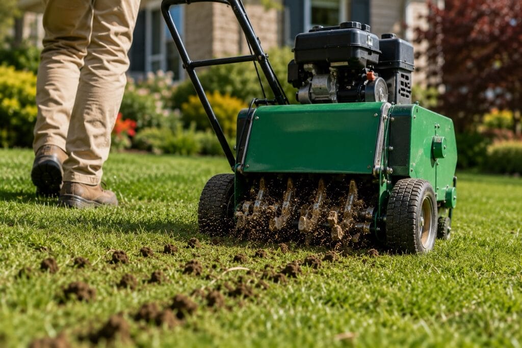 Lawn aeration and fall fertilizing service at a Kamloops BC residential property by Lyons Landscaping