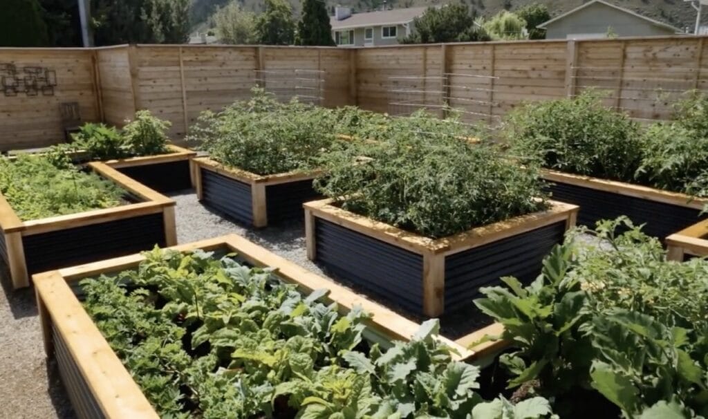 Companion planting vegetable garden in Kelowna, BC with raised wooden planters 