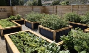 Companion planting vegetable garden in Kelowna, BC with raised wooden planters