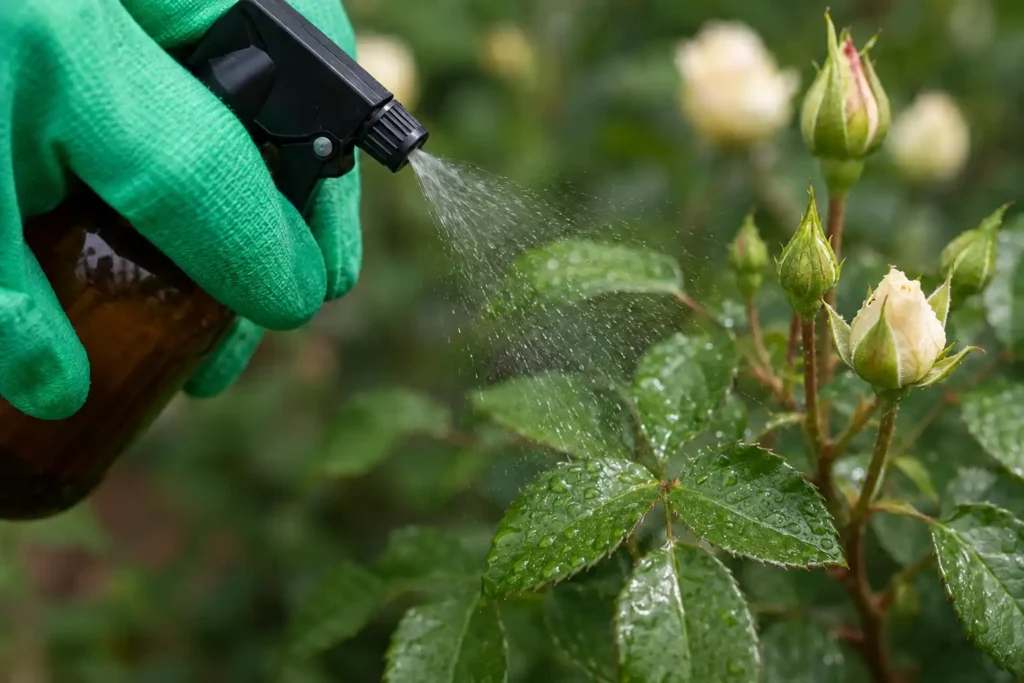 Gardener applying neem oil to rose plants in a Kamloops BC garden to deter Japanese beetle