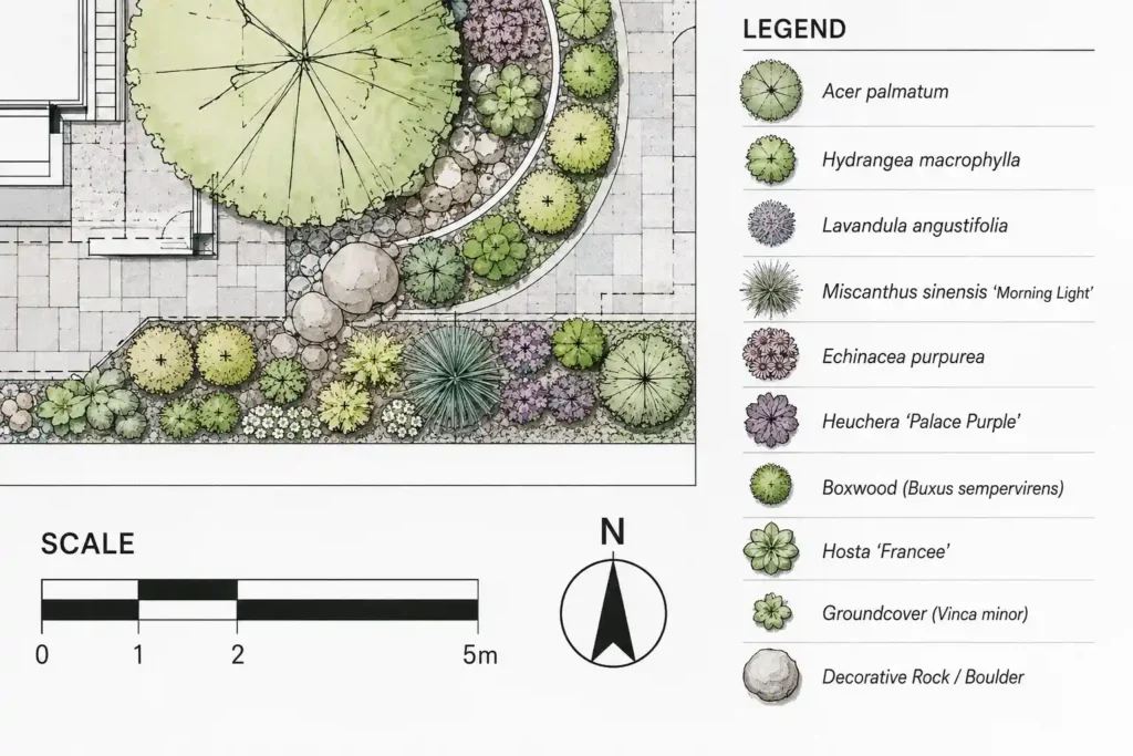 Close-up of a BC landscape design planting plan with plant symbols, legend, scale bar, and north arrow
