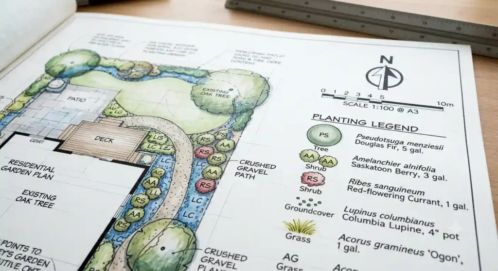 close-up of a BC landscape design plan showing scale bar, north arrow, and planting symbols with a legend