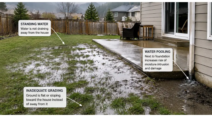 waterlogged lawn with pooling water near a residential patio in BC Interior showing poor drainage from inadequate site grading