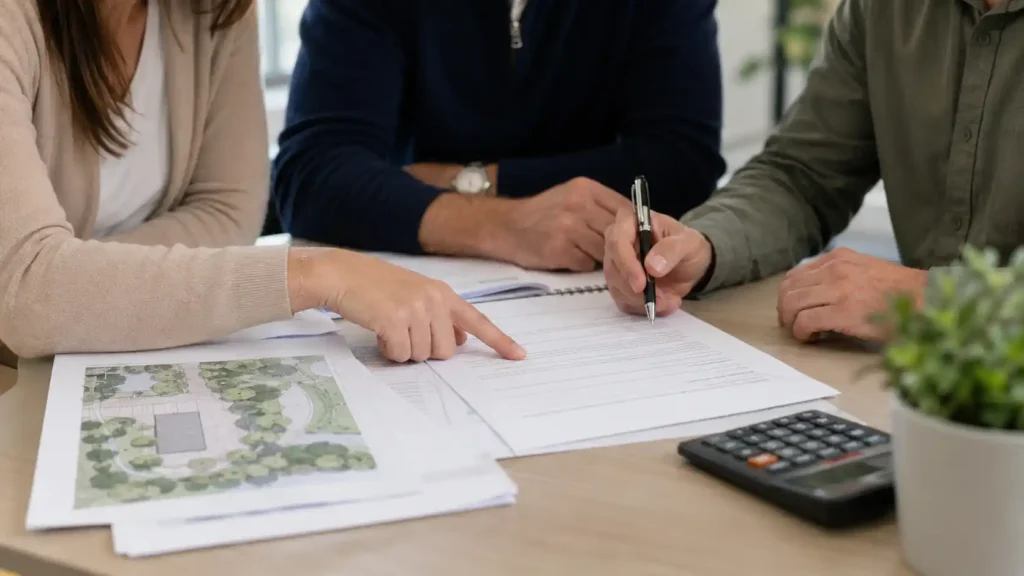 strata council reviewing landscaping contract documents for BC commercial property maintenance