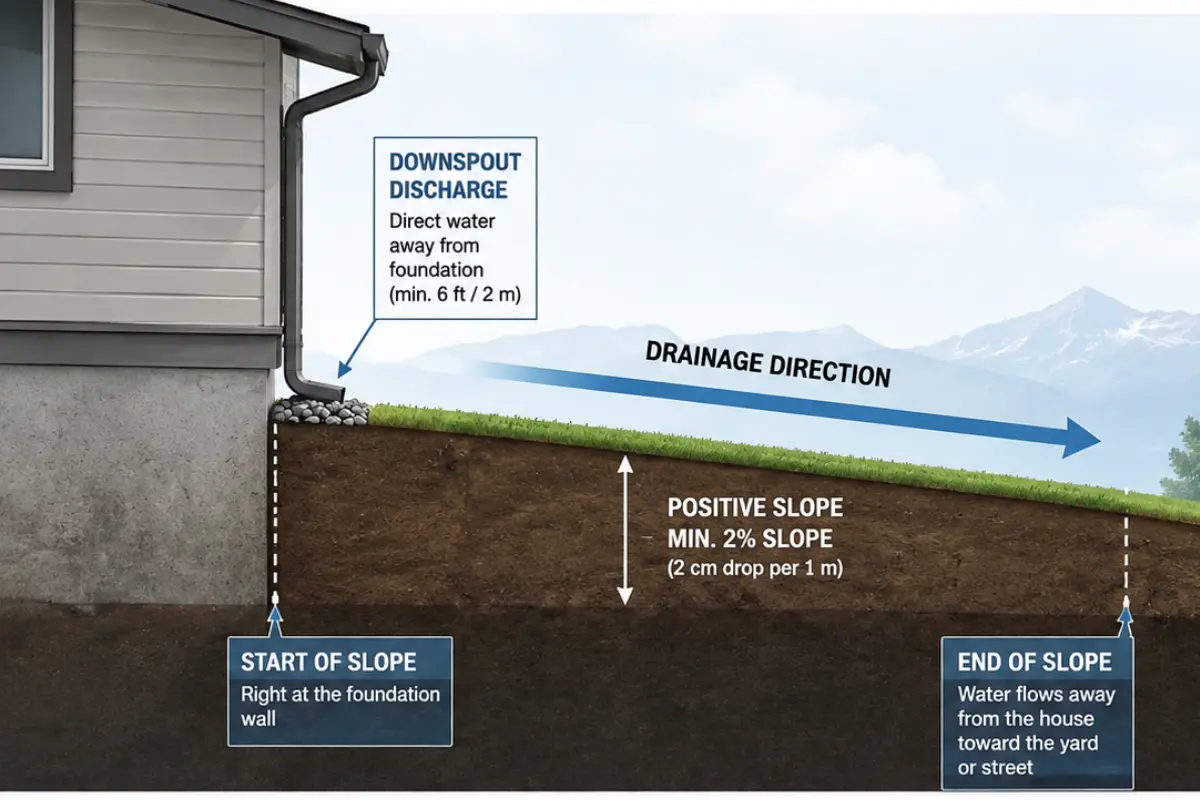 waterlogged lawn with pooling water near a residential patio in BC Interior showing poor drainage from inadequate site grading