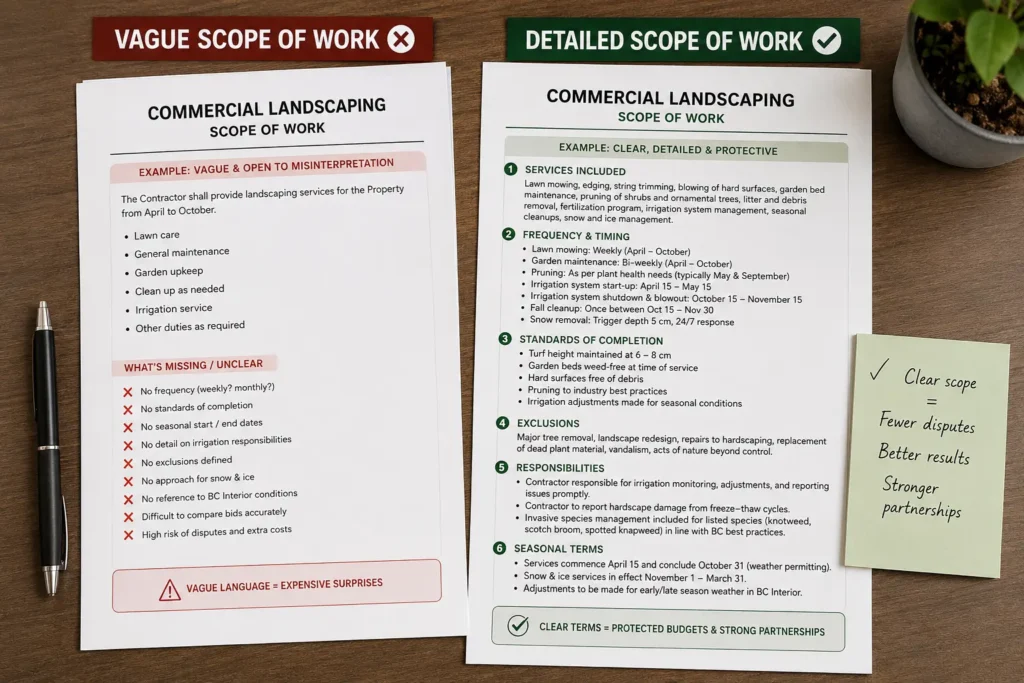side-by-side comparison of vague vs detailed commercial landscaping scope of work document in BC